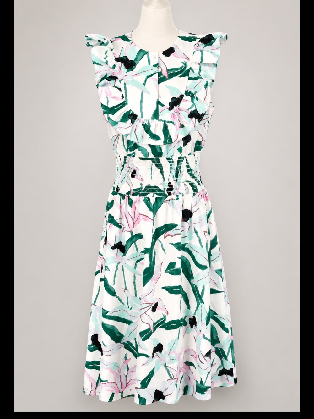 Tory Burch Floral Ruffle Midi Dress | Size 10 | 100% Cotton | Smocked Waist